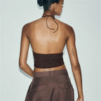 Summer Sparkle Lace Up Halter Crop Tank Top With Backless Sequins And Triangle Hem