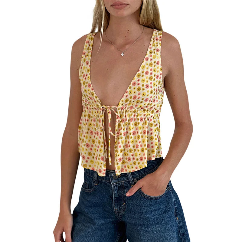 Y2K Floral Print Tie Front Tank Top for Women V Neck Sleeveless