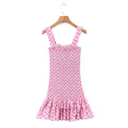 Flower Print Corset Ruched Elastic Body Sling Mini Square Collar Ruffles Hem Dress