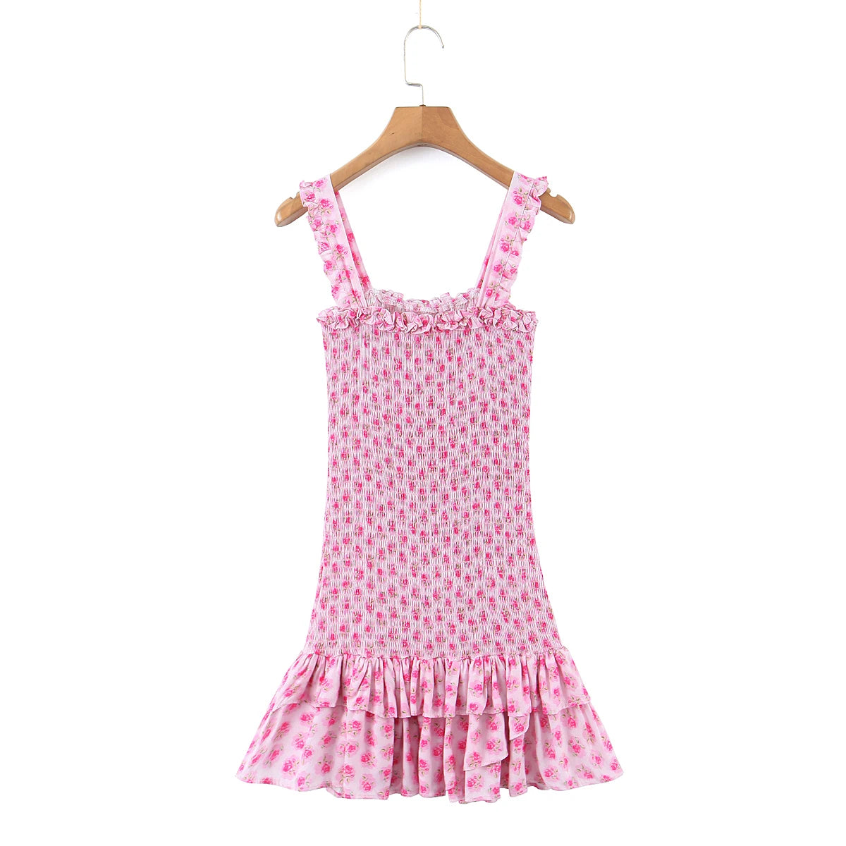 Flower Print Corset Ruched Elastic Body Sling Mini Square Collar Ruffles Hem Dress