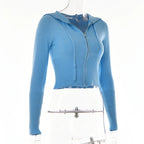 Ribbed Knit Two Piece Tracksuit Set With Hooded Crop Top And Elastic Zippered Pants