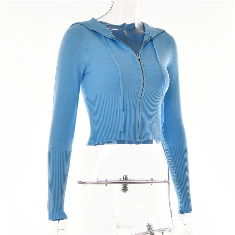 Ribbed Knit Two Piece Tracksuit Set With Hooded Crop Top And Elastic Zippered Pants