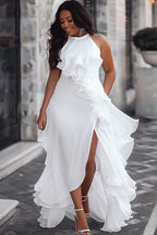Plus Size White Halter Maxi Dress With Ruffle Trim And Split Thigh
