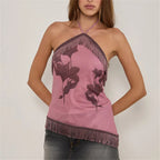 Boho Halter Top With Fringe Trim Backless Tie Back Floral Print
