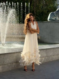 Ruffle Maxi Dress With Lapel V Neck Sleeveless Pleated High Waist