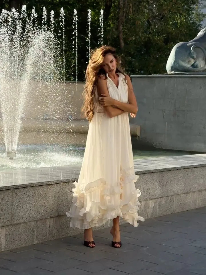 Ruffle Maxi Dress With Lapel V Neck Sleeveless Pleated High Waist