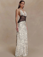 Polka Dot Backless Maxi Dress With Lace Patchwork Halter Neck Deep V Bodycon Evening Gown