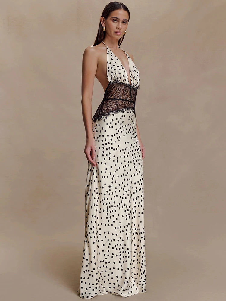 Polka Dot Backless Maxi Dress With Lace Patchwork Halter Neck Deep V Bodycon Evening Gown