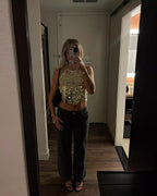 Backless Halter Sequin Crop Top Sparkly Sleeveless Glitter Camisole