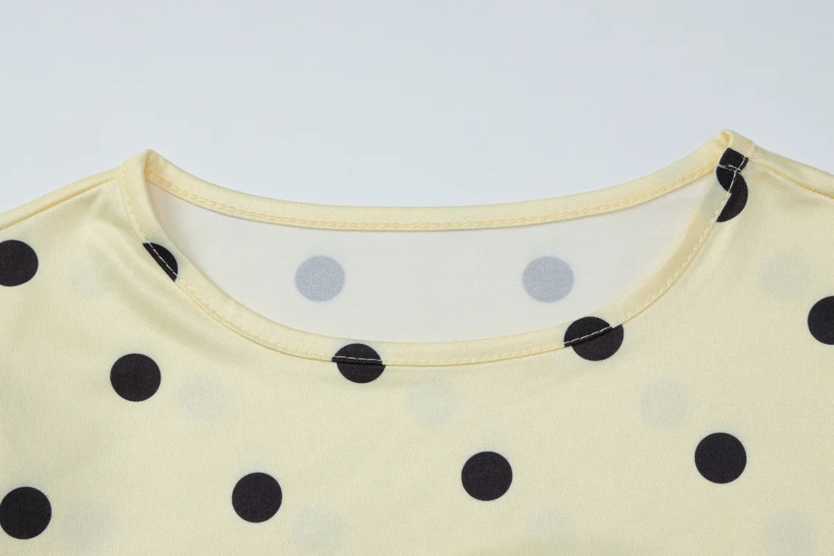 Yellow Dot Print O Neck Long Sleeve Tee Slim Fit Retro Streetwear