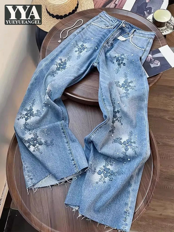Vintage Embroidered Denim Jeans With High Waist Slim Fit And Beaded Details
