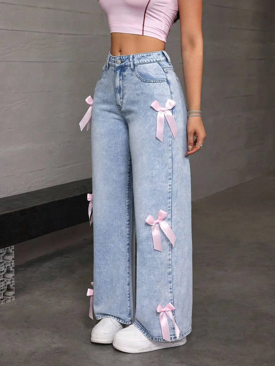 Street Chic Bowknot Denim Jeans With Loose Straight Wide Leg Silhouette In Washed Finish
