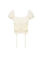 Female Slim Fit Square Neck Puff Sleeve Lace Ruched Corset Waist Short Blouse