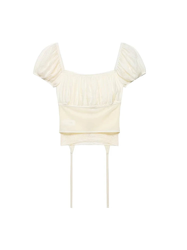 Female Slim Fit Square Neck Puff Sleeve Lace Ruched Corset Waist Short Blouse