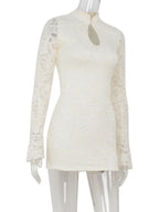 Sexy Lace Mini Dress With Sheer Panels Hollow Out Details Turtleneck Flare Sleeves Bodycon Style