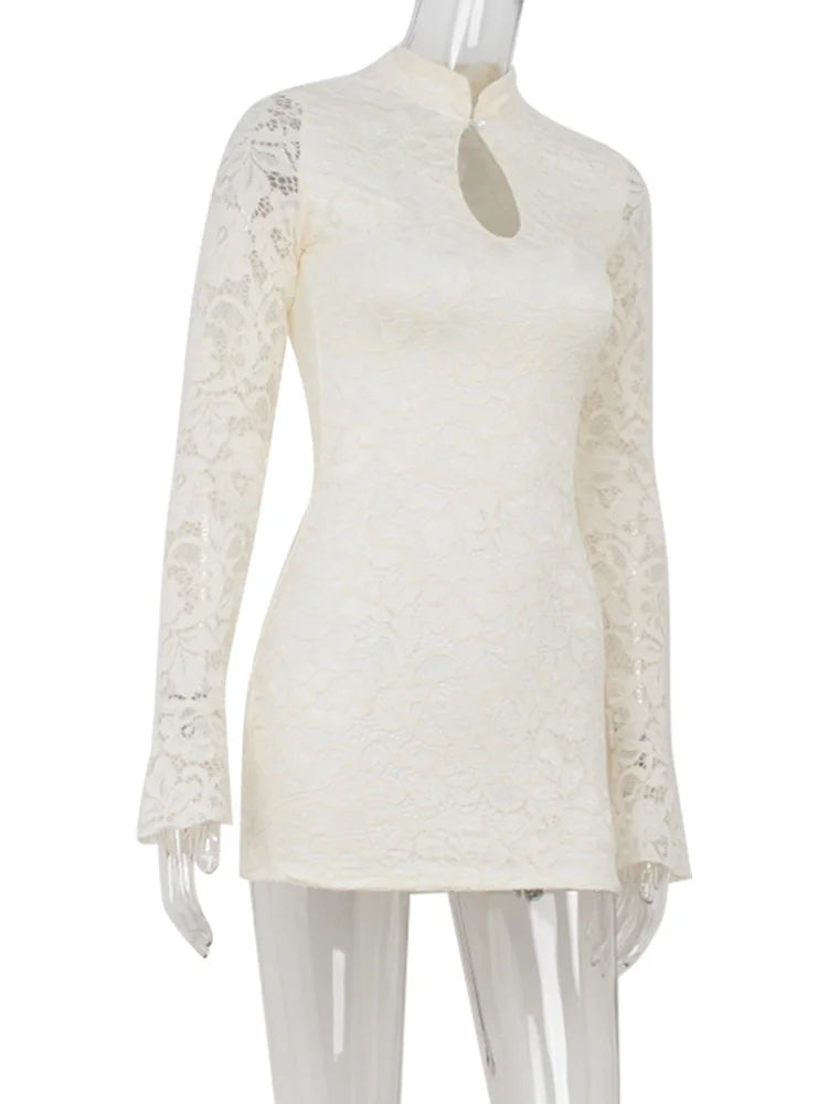 Sexy Lace Mini Dress With Sheer Panels Hollow Out Details Turtleneck Flare Sleeves Bodycon Style