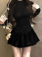 Black Long Sleeve Dress With High Collar And Puffy Silhouette
