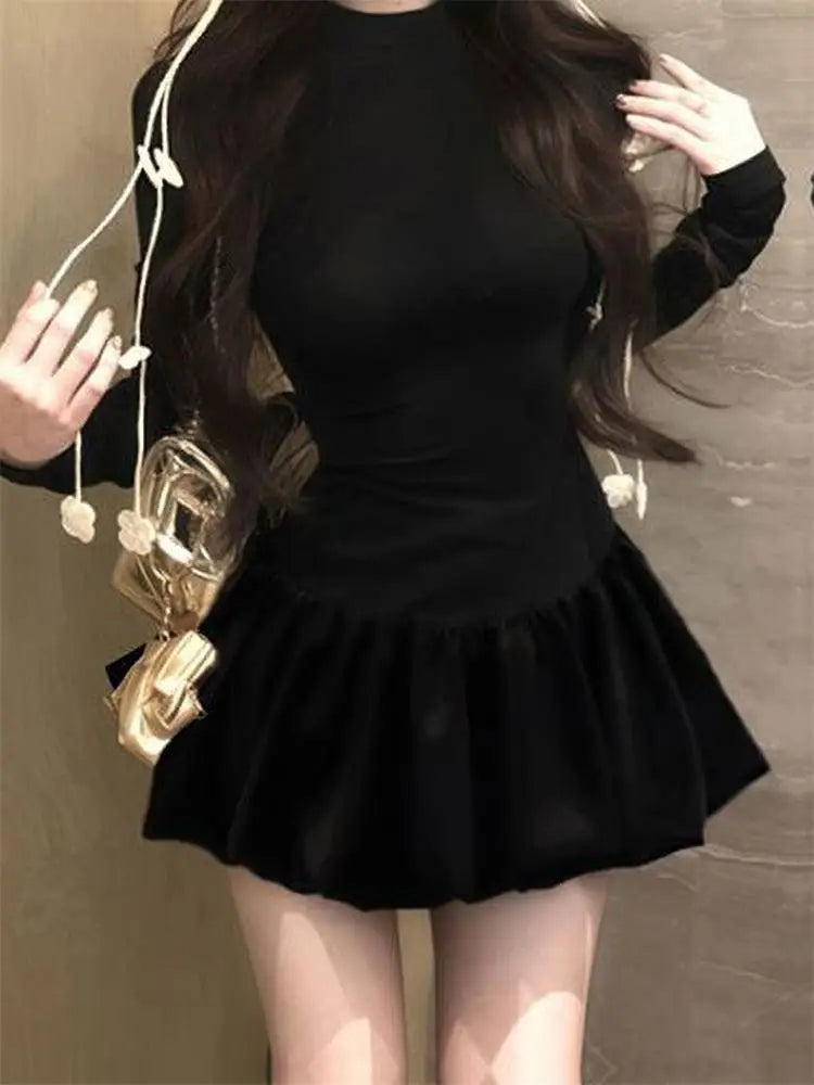 Black Long Sleeve Dress With High Collar And Puffy Silhouette