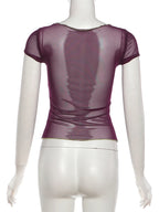 Sexy Mesh Patchwork Button o-Neck Mini Sleeve Top