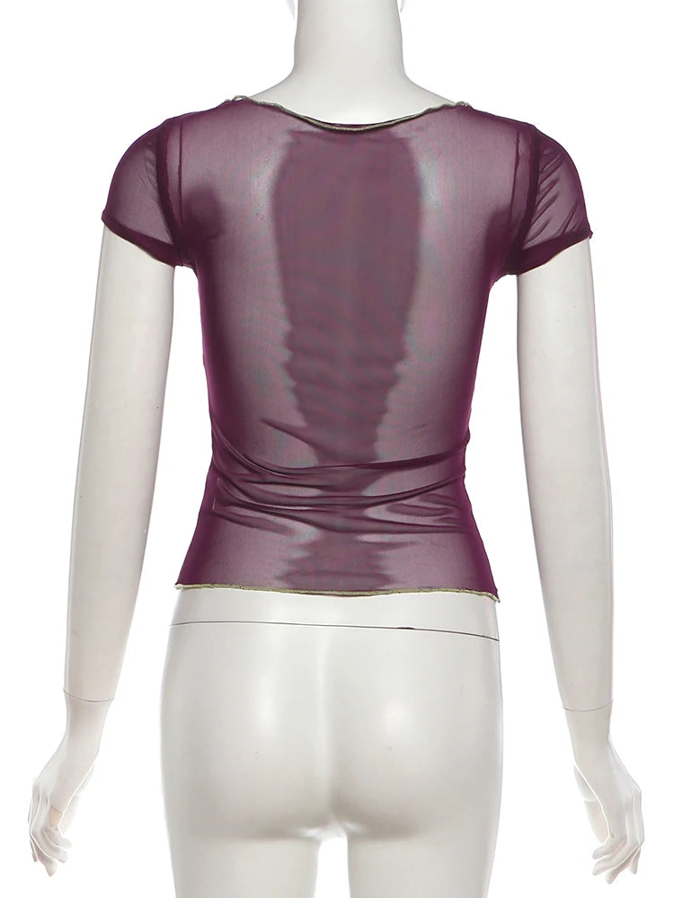 Sexy Mesh Patchwork Button o-Neck Mini Sleeve Top