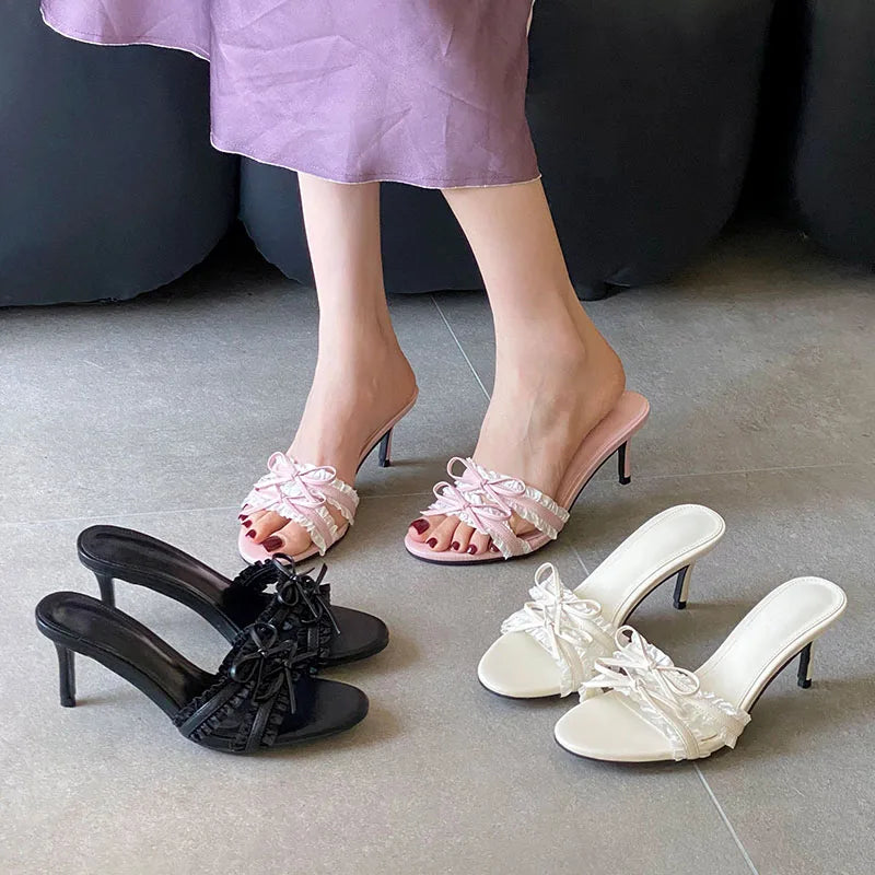 Butterfly Knot Heeled Slippers For Women Round Toe Slip On Sandals With Slim Heels
