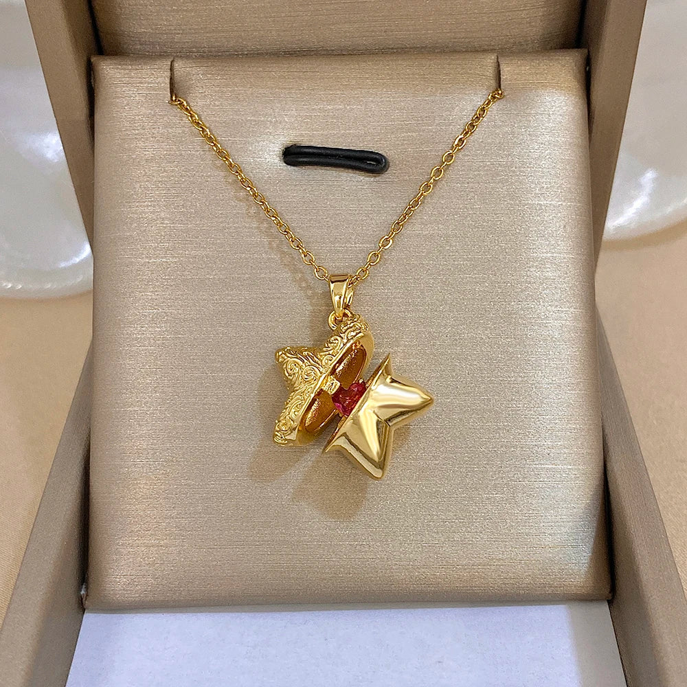 Openable Star And Heart Zircon Necklace In Stainless Steel Romantic Womens Jewelry