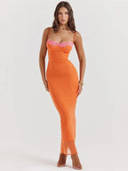 Lace Spaghetti Strap Bodycon Maxi Dress With Patchwork Backless