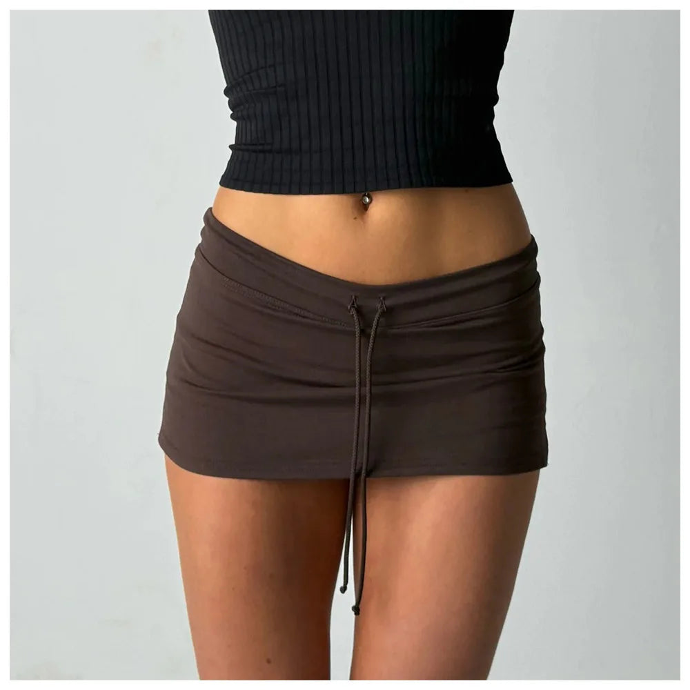 Vintage Aesthetic Mini Skirts Solid Low Waist Drawstring Bodycon Bottoms