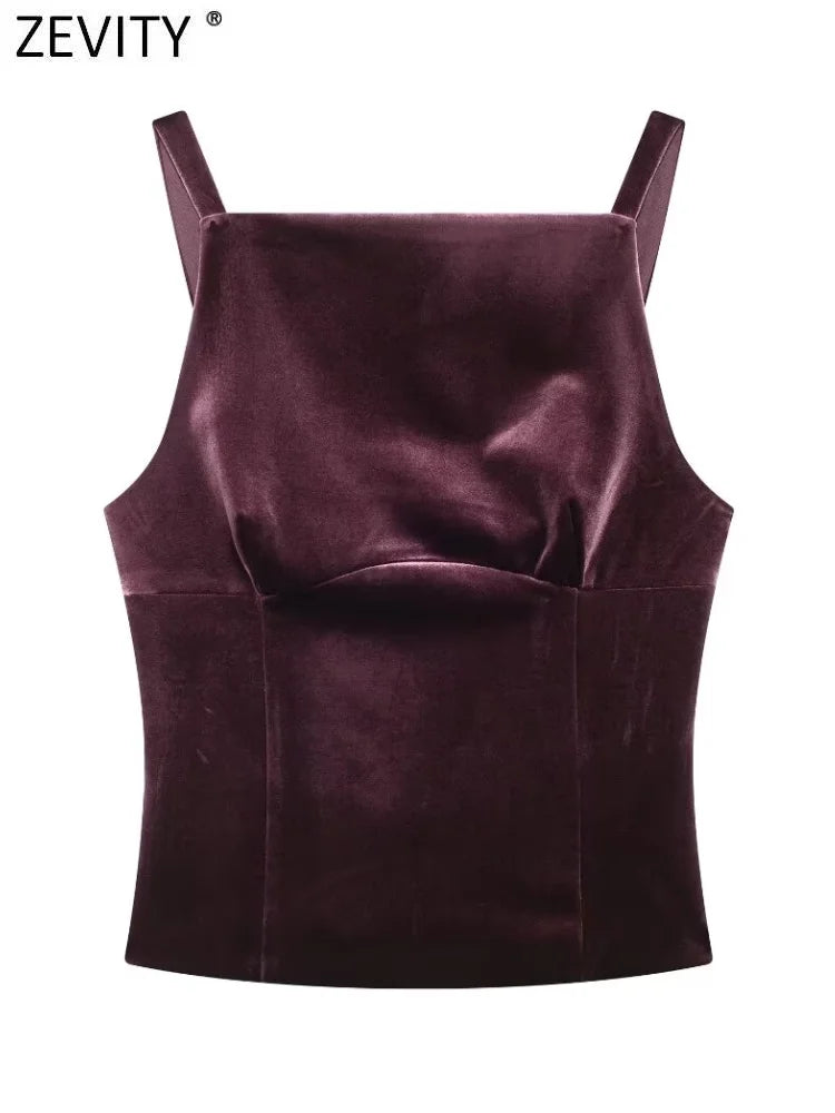 Velvet Spaghetti Strap Bow Back Blouse For Women Elegant Evening Top With Slim Tailored Fit