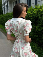 Puff Sleeves Ruffled Mini Dress With Pearl Buttons