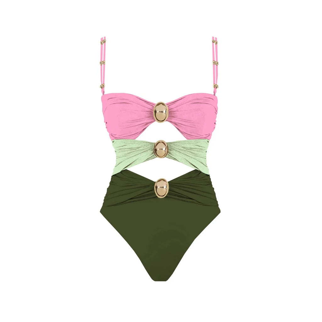 Off Shoulder Patchwork Belted One Piece Swimsuit With Cover Up for Beachside