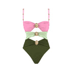 Off Shoulder Patchwork Belted One Piece Swimsuit With Cover Up for Beachside