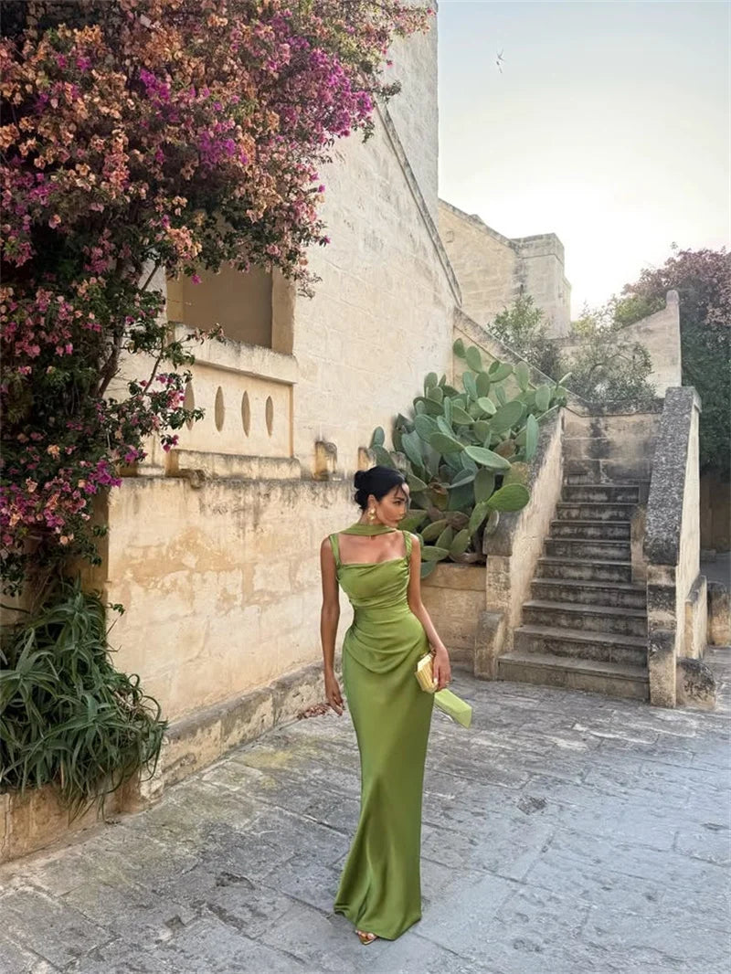 Elegant Satin Backless Halter Off-Shoulder Maxi Dress