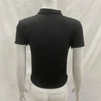 Ladies Blouse With Mandarin Collar Short Sleeve Crop Top Keyhole Frog Button Vintage Asymmetrical Design