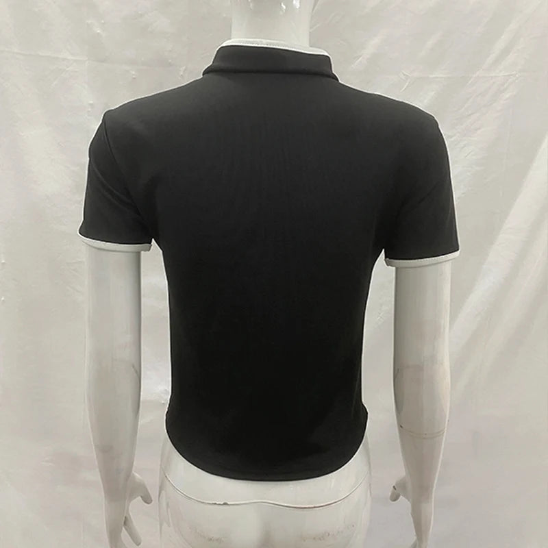 Ladies Blouse With Mandarin Collar Short Sleeve Crop Top Keyhole Frog Button Vintage Asymmetrical Design