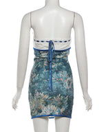 Ribbon Bow Women Lace Patchwork Art Print Folds Mini Body-con Dress
