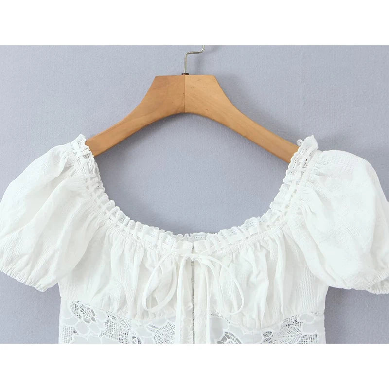 Romantic Lace Patchwork Off Shoulder Puff Sleeve Crop Top