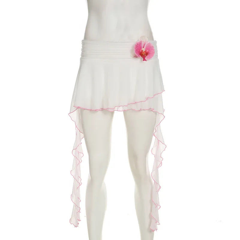Irregular Mesh Ruffle Edge Low Waist Short Skirt