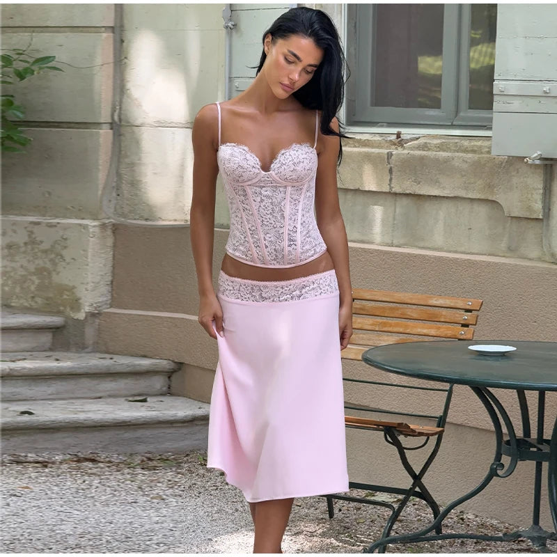 Delicate Lace Corset Cami And Midi Skirt Set Slim Fit Sleeveless Romantic Outfit