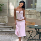 Delicate Lace Corset Cami And Midi Skirt Set Slim Fit Sleeveless Romantic Outfit