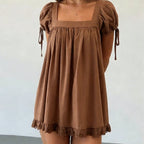 Vintage Puff Sleeve Women Square Neck A-line Mini Ruffled Fairy Flowy Short Dress