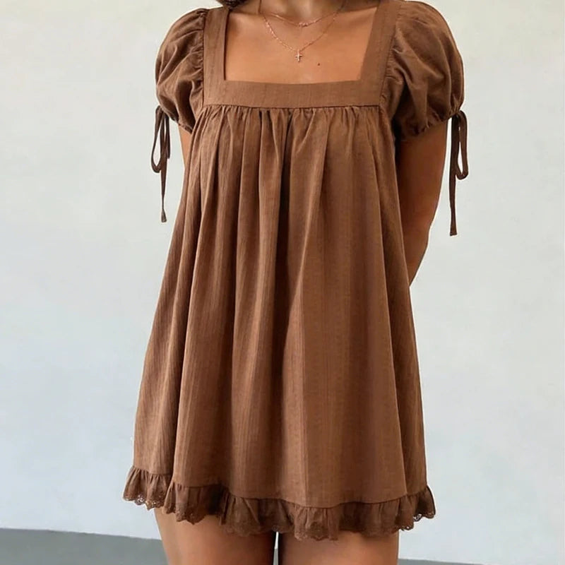 Vintage Puff Sleeve Women Square Neck A-line Mini Ruffled Fairy Flowy Short Dress