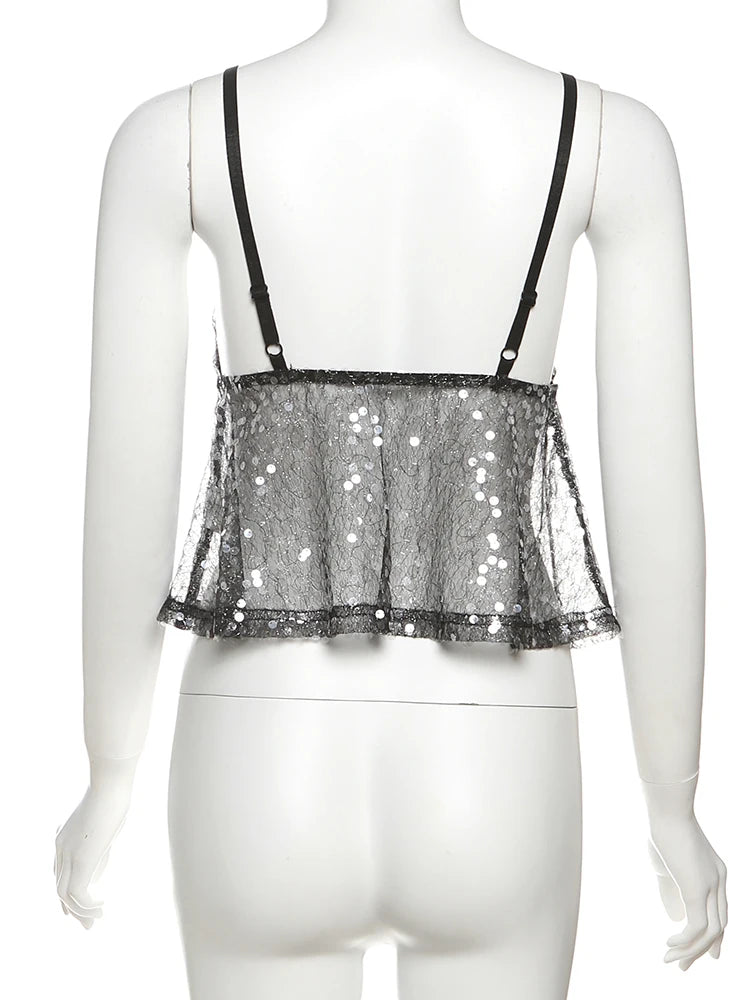 Sequined Patchwork Mesh Camisole With V-Neck Backless