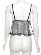 Sequined Patchwork Mesh Camisole With V-Neck Backless