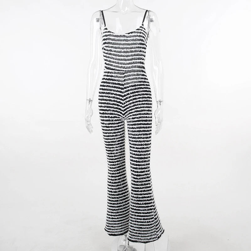 Backless Striped Jumpsuit With High Waist Flare Legs