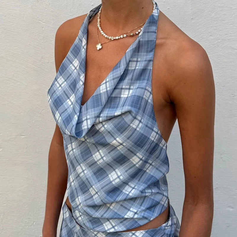 Cowl Neck Backless Crop Top With Vintage Plaid Halter
