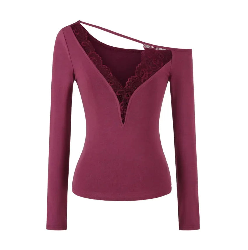 Soft Cotton Long Sleeve Lace Trim V Neck Top Feminine Style