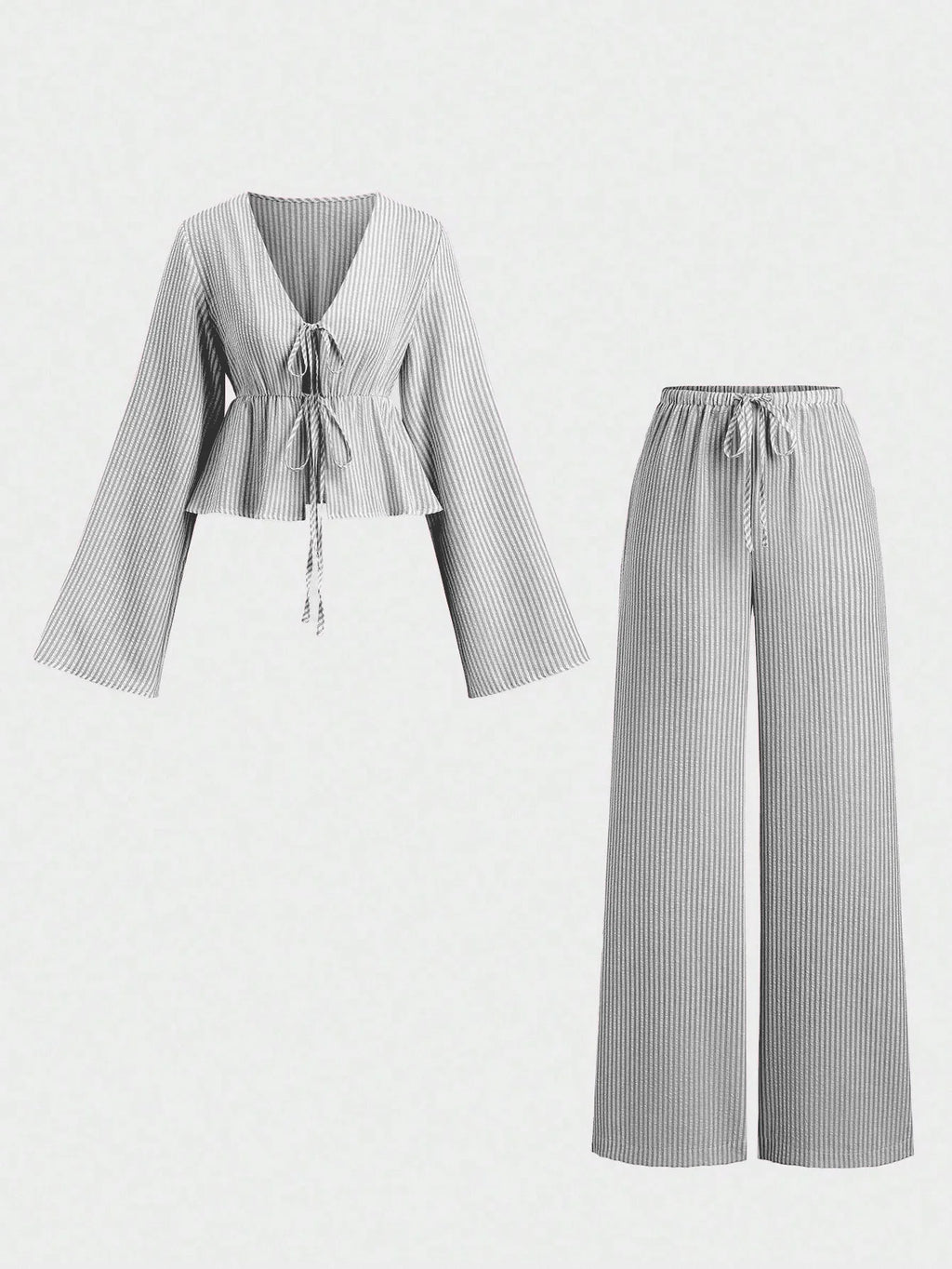 Striped Lace Up Two Piece Set V Neck Top And Elastic Waist Pants