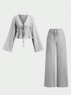 Striped Lace Up Two Piece Set V Neck Top And Elastic Waist Pants