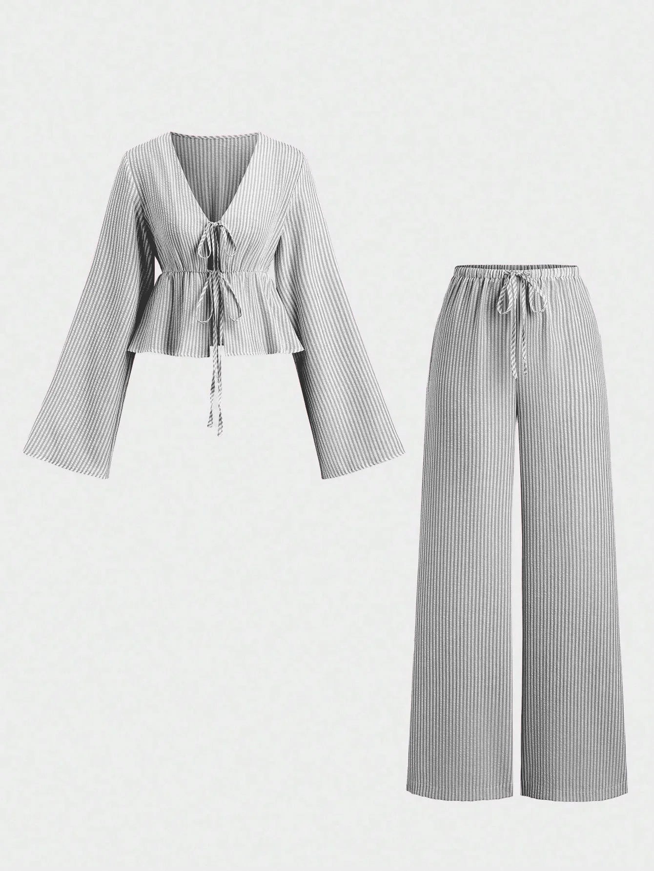 Striped Lace Up Two Piece Set V Neck Top And Elastic Waist Pants